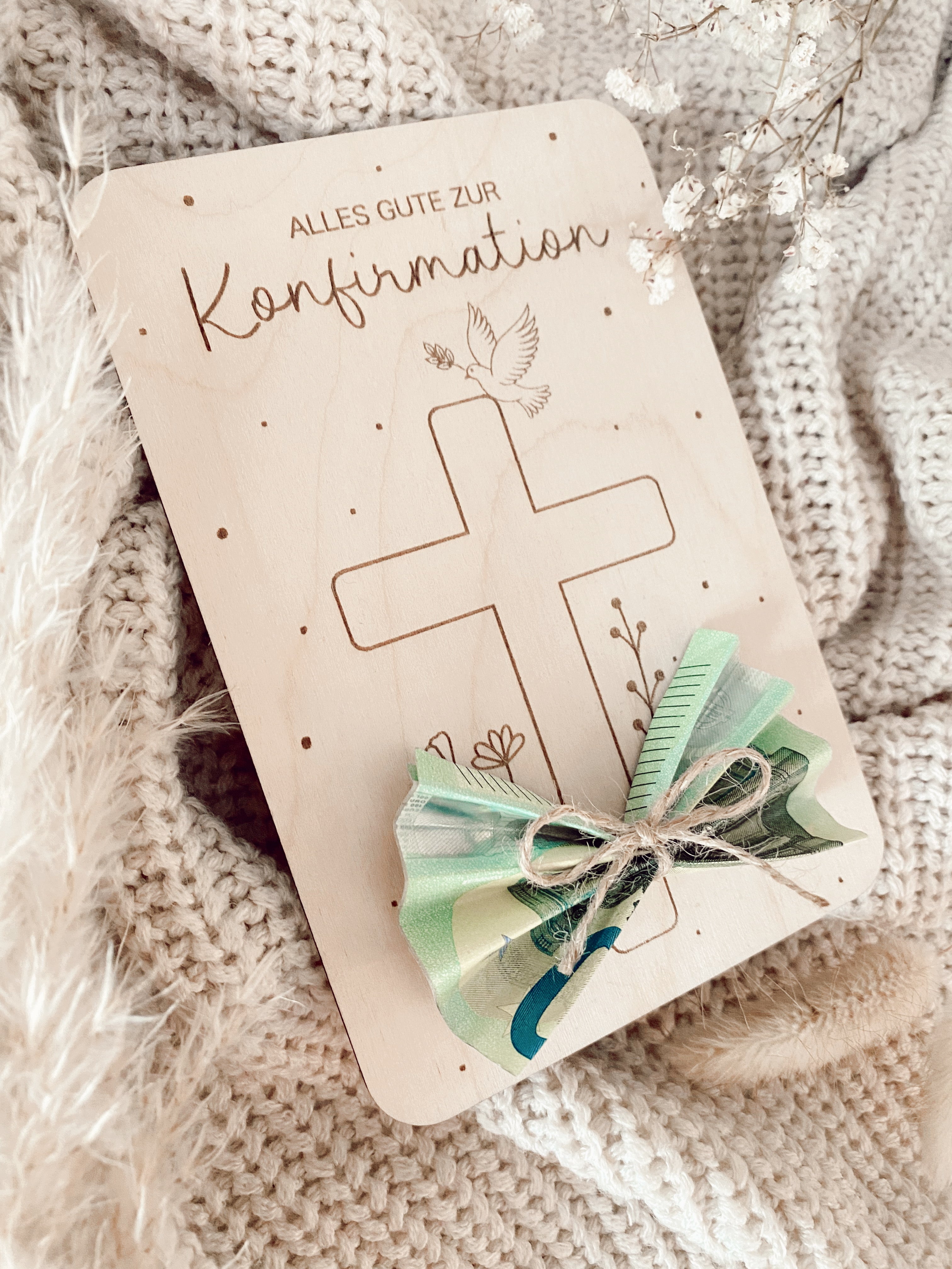 Holzkarte zur Konfirmation, Kommunion oder Taufe, Personalisierbares Geldgeschenk